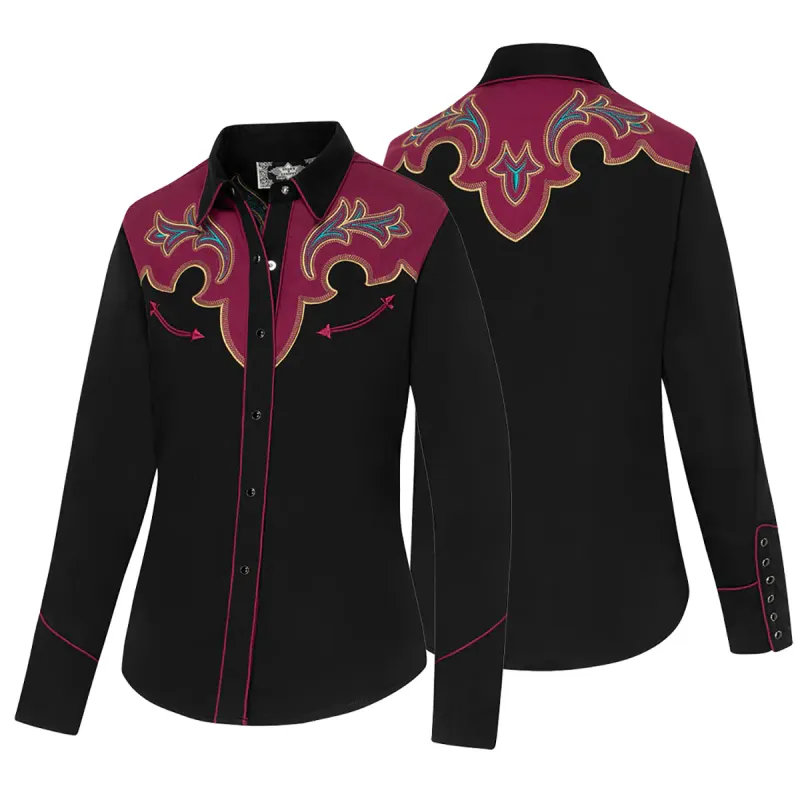 Westernbluse JENNA – svart bluse med broderi og western-yoke