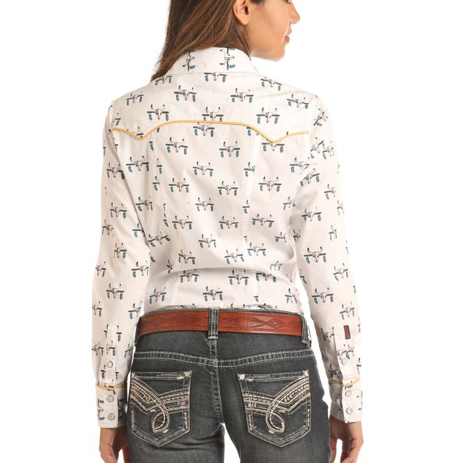  White Steer Skull Dame Westernskjorte